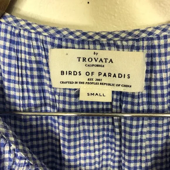 Bird of Paradis Dress Blue White Cotton Gingham Ruffle Midi Pockets Waist Tie S